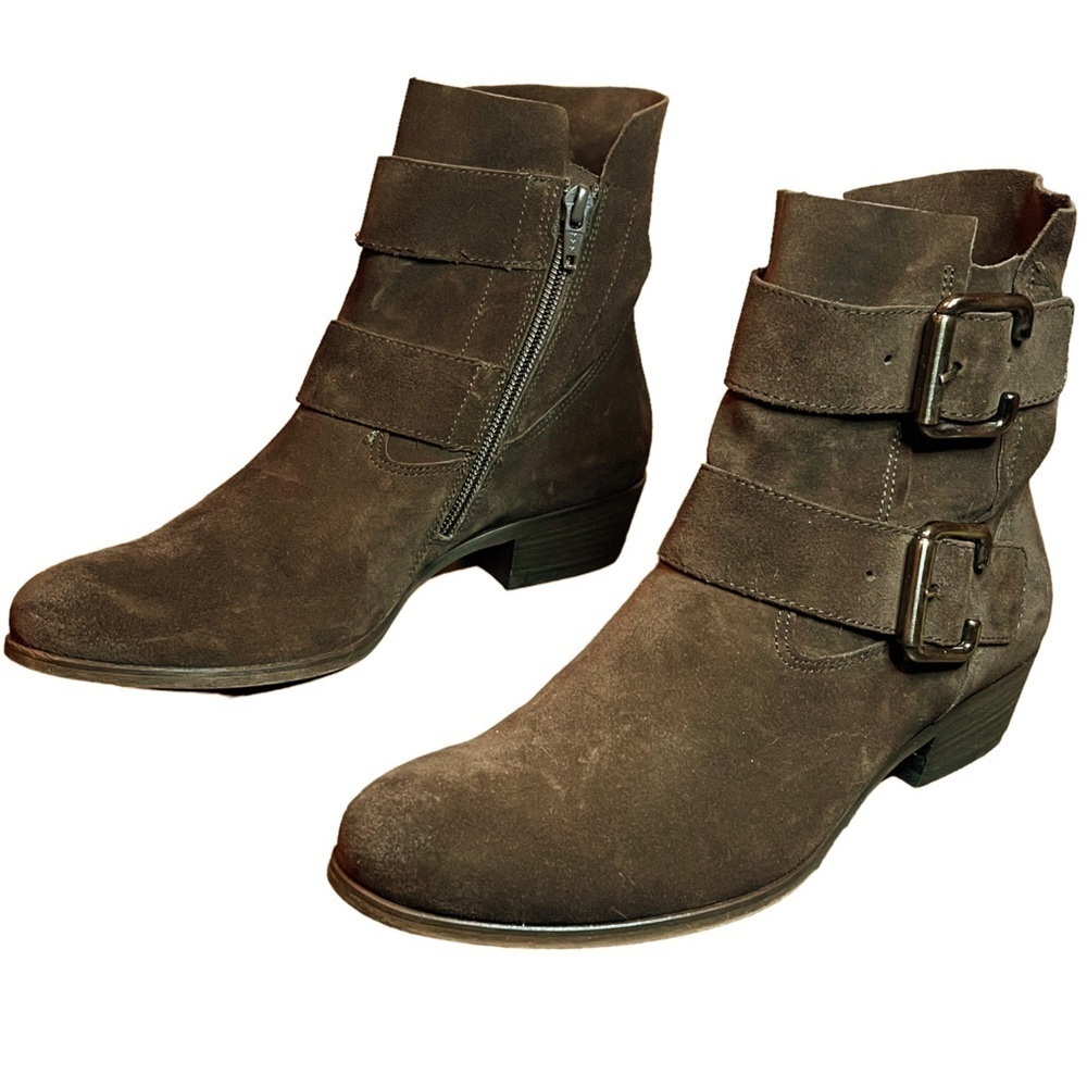 Paul Green Dark Brown Suede Almond Toe Ankle Booties With Side Buckles‎ size 6
